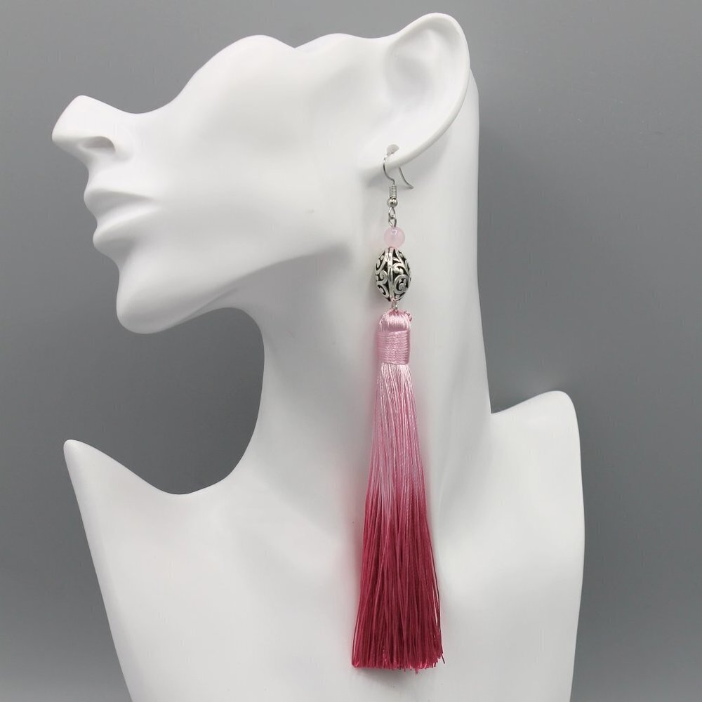Earrings jewelry long tassel pink silver tone boho elegant statement new